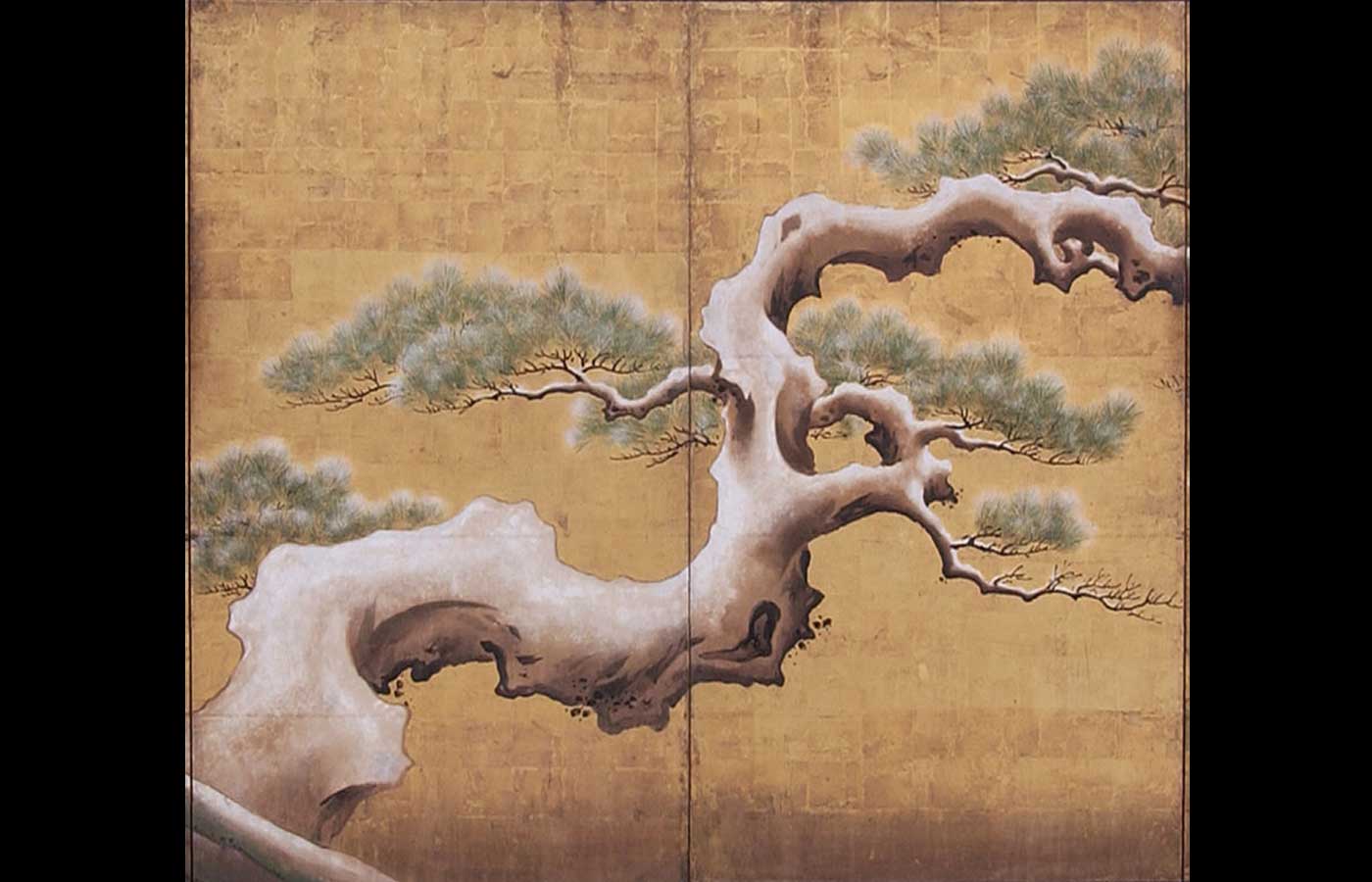 Detail of a Japanese folding screen <i>byōbu</i>, depicting a snow clad pine.